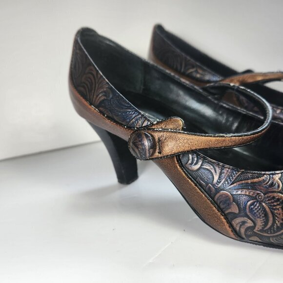 Art Effects Shoes Heels Size 7 Embossed Tooled Leather Look Square Toe 2 3/4" - Picture 5 of 13